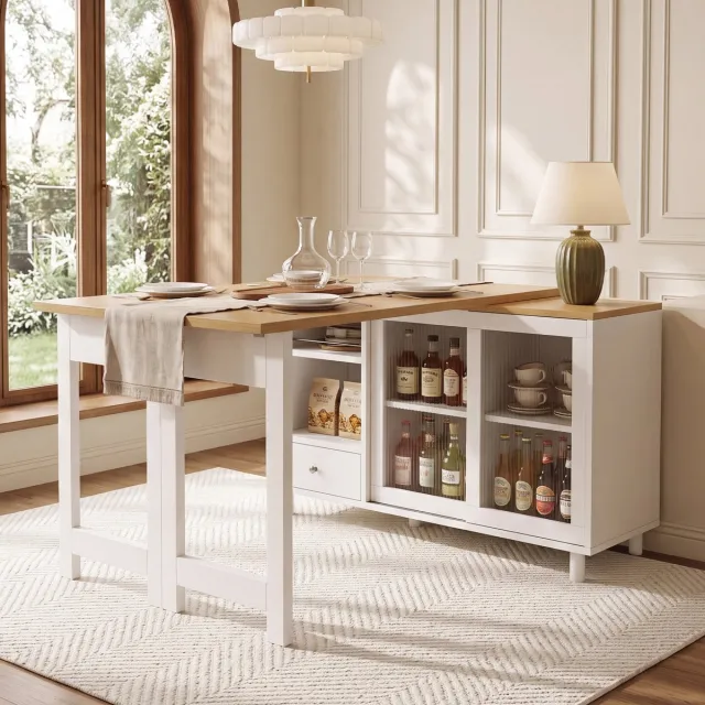 OKWISH Eettafel – Uitschuifbaar En Opklapbaar – 120 x 40 x 75,5 cm – Met Opbergruimte En Lade – Modern – MDF Wit Naturel