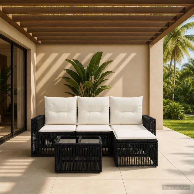 vidaXL Tuinbankenset 5 st 4-zits Zwart en Cream Wit poly rattan, foto 2
