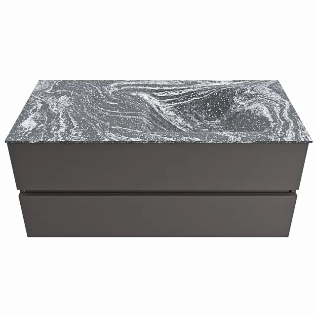 Mondiaz VICA-DLUX 110cm badmeubel onderkast Dark grey 2 lades. Inbouw wastafel CLOUD rechts zonder kraangat, kleur Lava.