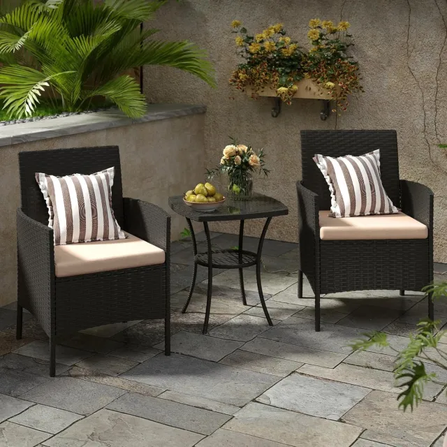 Laura 3-delige Tuinmeubelset 2 Stoelen + Bijzettafel 60x58x84 cm – Modern Buitenshuis Balkon Loungeset met Comfortabele Kussens, Waterbestendig Rotan & Stalen Frame – Laura Zwart