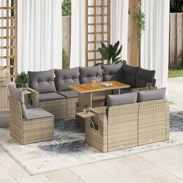 vidaXL 9-delige Loungeset met kussens poly rattan beige, foto 2