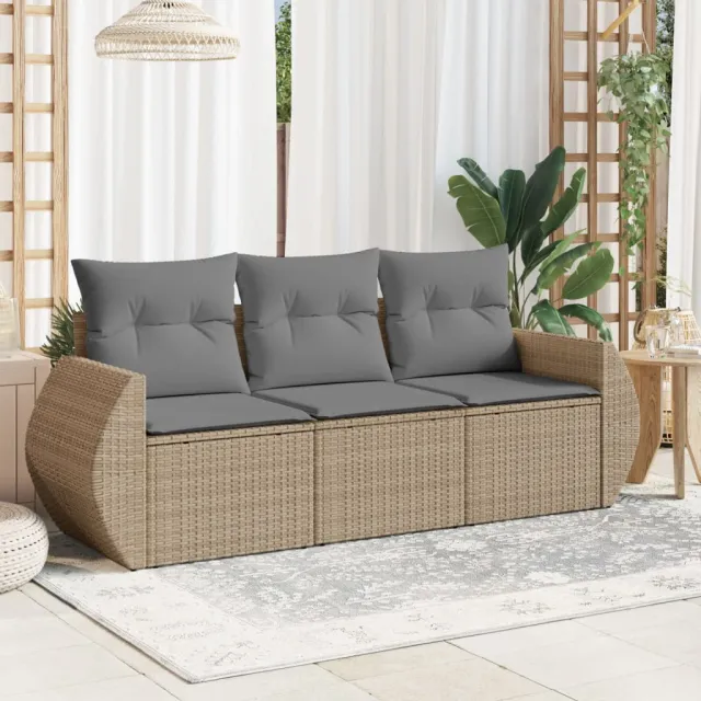 vidaXL 3-delige Loungeset met kussens poly rattan beige, foto 2