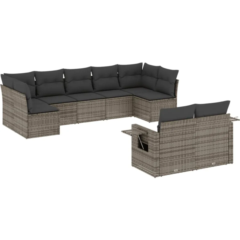 vidaXL 9-delige Loungeset met kussens poly rattan grijs, foto 3