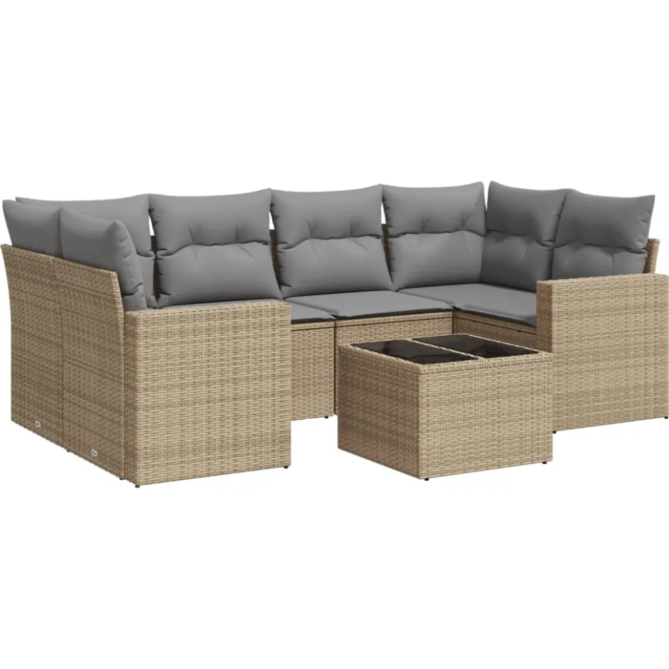 vidaXL 7-delige Loungeset met kussens poly rattan beige