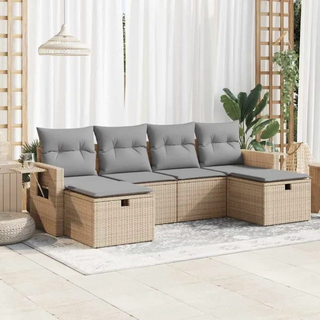 vidaXL 6-delige Loungeset met kussens poly rattan beige, foto 2
