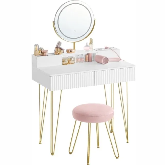Klarven Kaptafel met Spiegel en Verlichting Mat Wit - Kaptafel met Spiegel - Kaptafel Kruk - Dimbare Verlichting, Geïntegreerd Oplaadstation - Draaibare Spiegel, Gestoffeerde Kruk - 80x40x134,8 cm Mat wit - lichtgoud