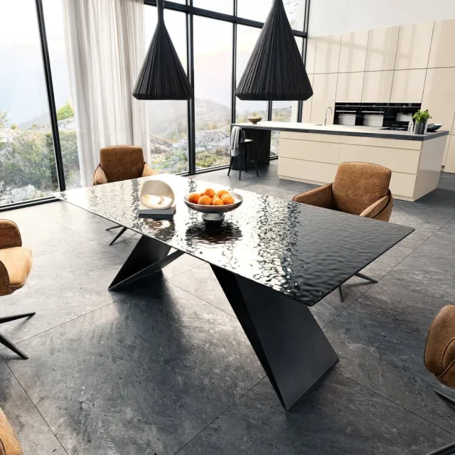 DELIFE Eetkamertafel Edge Glas smelten rokerig zwart 3D-Relief 200x100 V-frame vlak staal zwart