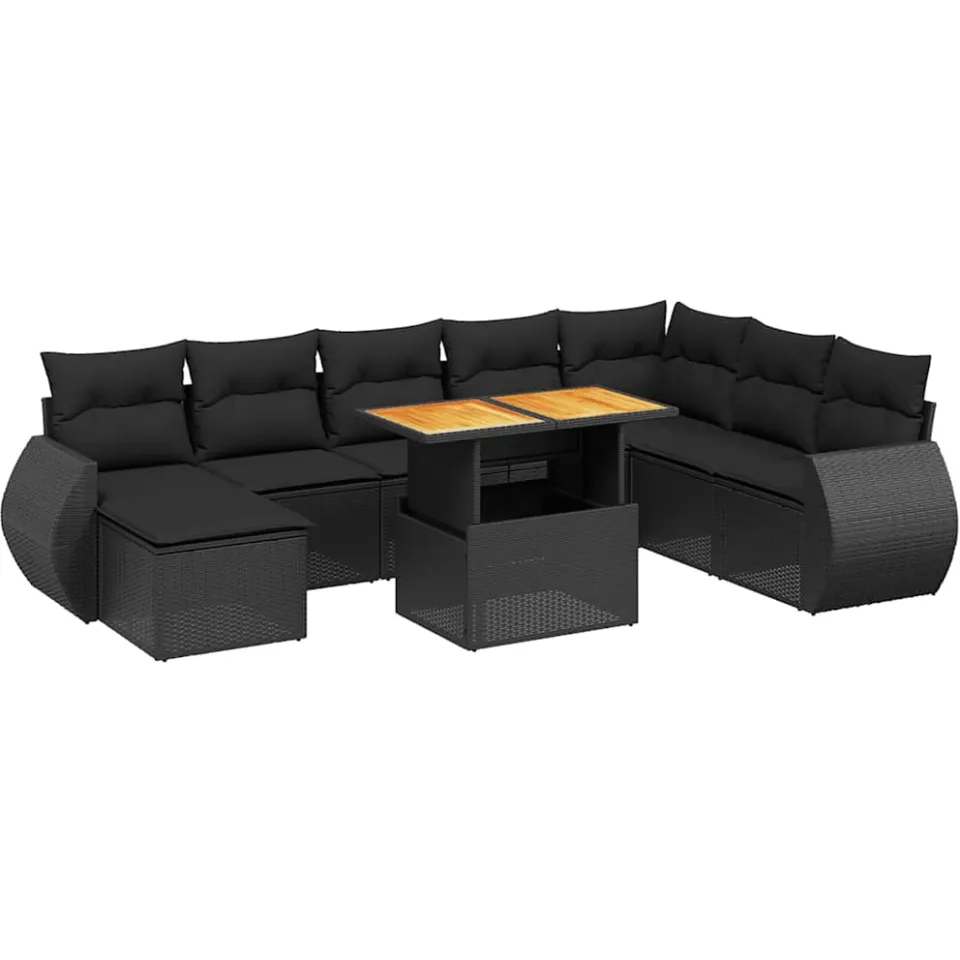 vidaXL 9-delige Loungeset met kussens poly rattan zwart