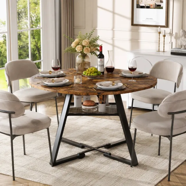 MEXUS Eettafel Rond - 120cm Ronde Tafel - voor 4 personen - Keukentafel - Industrieel design - met Metalen Onderstel - Houten Eettafel - voor Eetkamer, Keuken, Woonkamer - Bruin (Het tafelblad bestaat uit 4 samengevoegde platen)