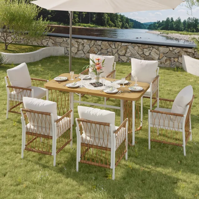 Zubaliya Outdoor Set - 7-delig Wit/Hout - IJzeren Frame - Gevlochten Armleuningen - Incl. Kussens Beige