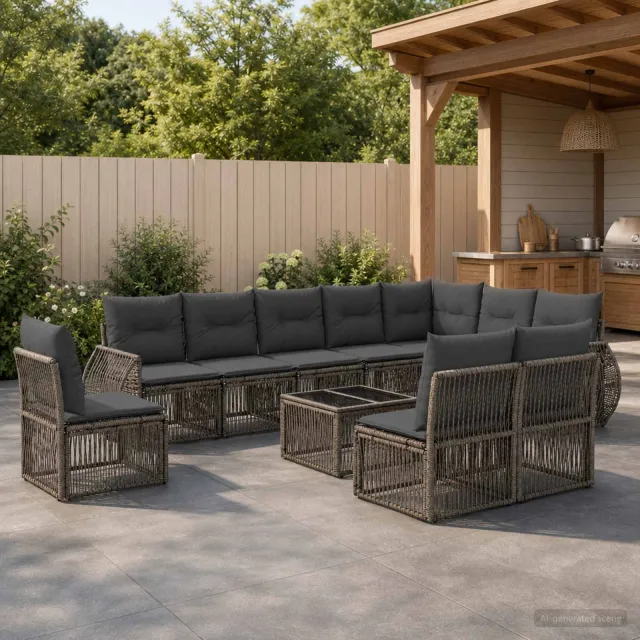 vidaXL Tuinbankenset 11 st 10-zits Grijs en Donkergrijs poly rattan