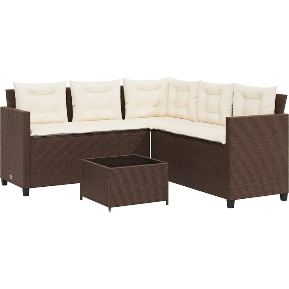 vidaXL Tuinbank met tafel en kussens L-vormig poly rattan bruin