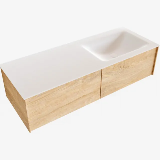 Boss & Wessing Badkamermeubel BWS Madrid Washed Oak 120x45x30 cm Mat Witte Solid Surface Wastafel Rechts (2 lades, 0 kraangaten)