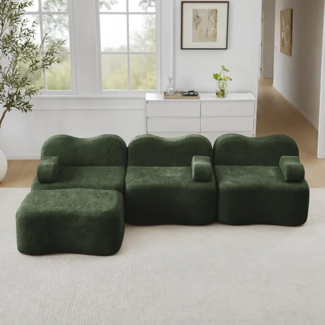 MODFU Modulaire Hoekbank met golfvorm en diepe zitting – 32D hoogelastisch schuim – Flexibel als L-vorm, U-vorm of 2-4 zits – Fluwelen bank voor woonkamer – Groen Groente
