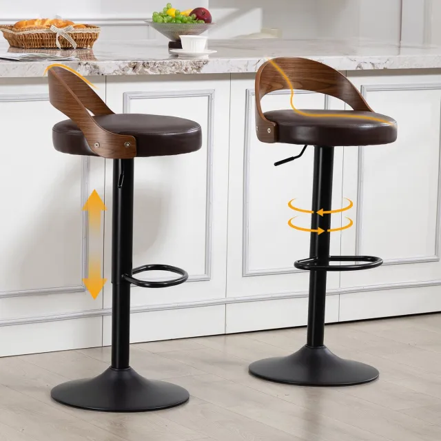 Clruro Barkruk Set - 2 Stuks - 360° Draaibaar - PU-Leer + Walnoothout - Bruin/Zwart