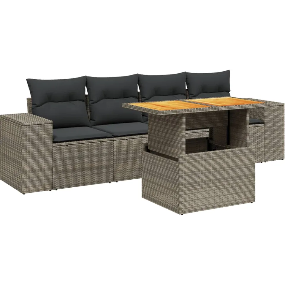 vidaXL 5-delige Loungeset met kussens poly rattan grijs, foto 3