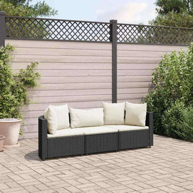 vidaXL 3-delige Loungeset met kussens poly rattan zwart, foto 2