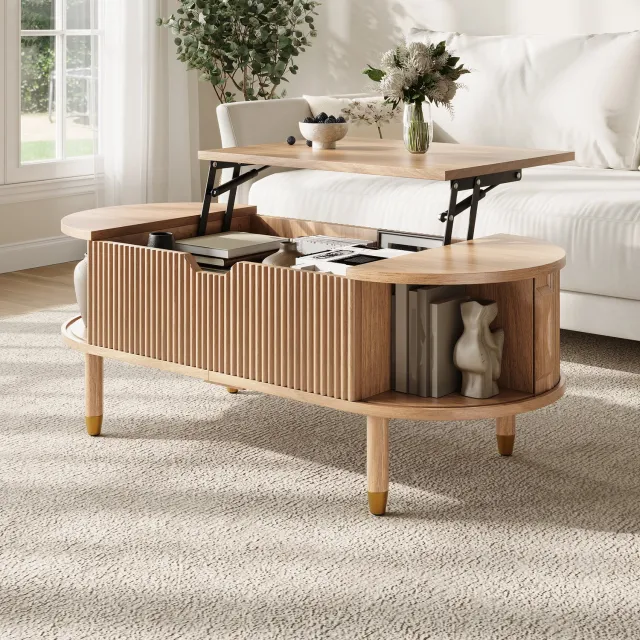 DESMIU Salontafel - Ovale Hoogteverstelbare Tafel Met Opbergruimte - Schuifdeuren Voor De Woonkamer - MDF - Natuurlijk - 110x48x57 Cm Naturel