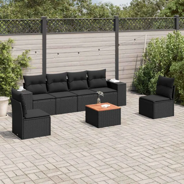vidaXL 7-delige Loungeset met kussens poly rattan zwart, foto 2
