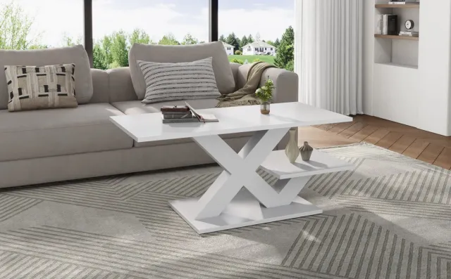 DESMIU Salontafel - Hoogglans Wit Met X Poot En Dubbele Tafelbladen - Modern Voor Woonkamer En Bijzetgebruik - MDF - 100x48x45 Cm