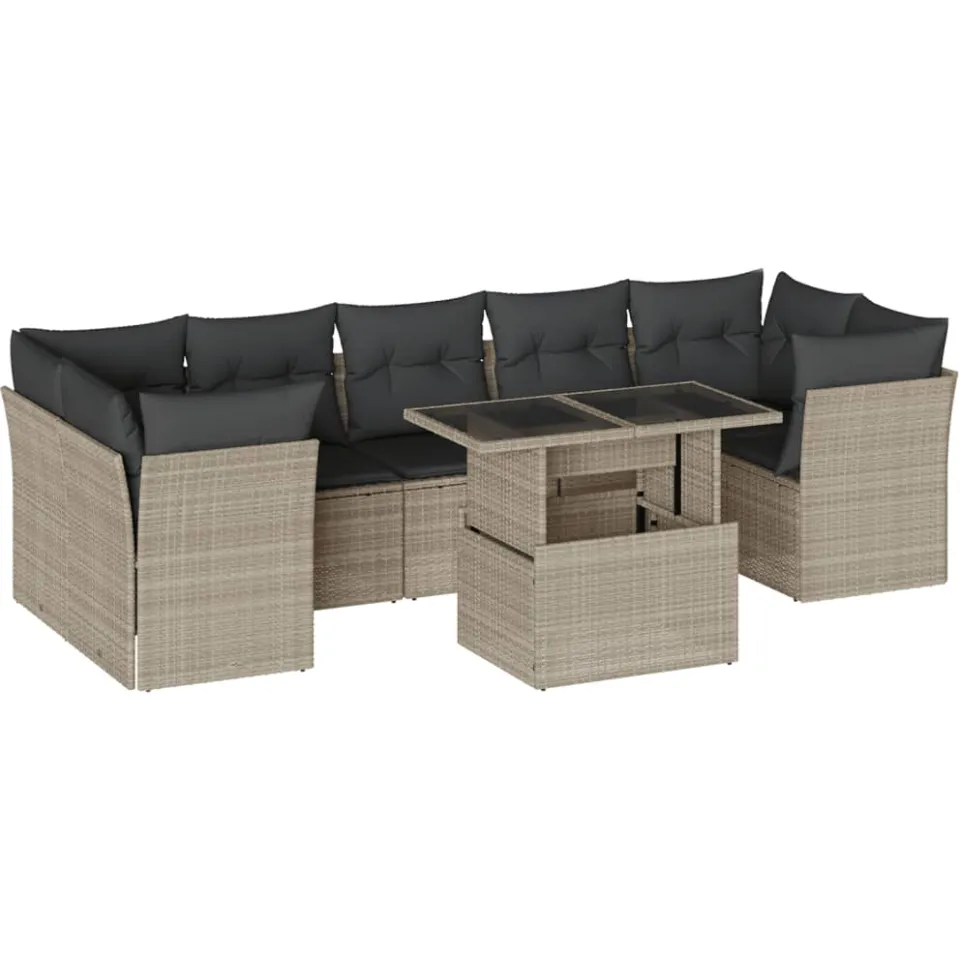 vidaXL 8-delige Loungeset met kussens poly rattan lichtgrijs