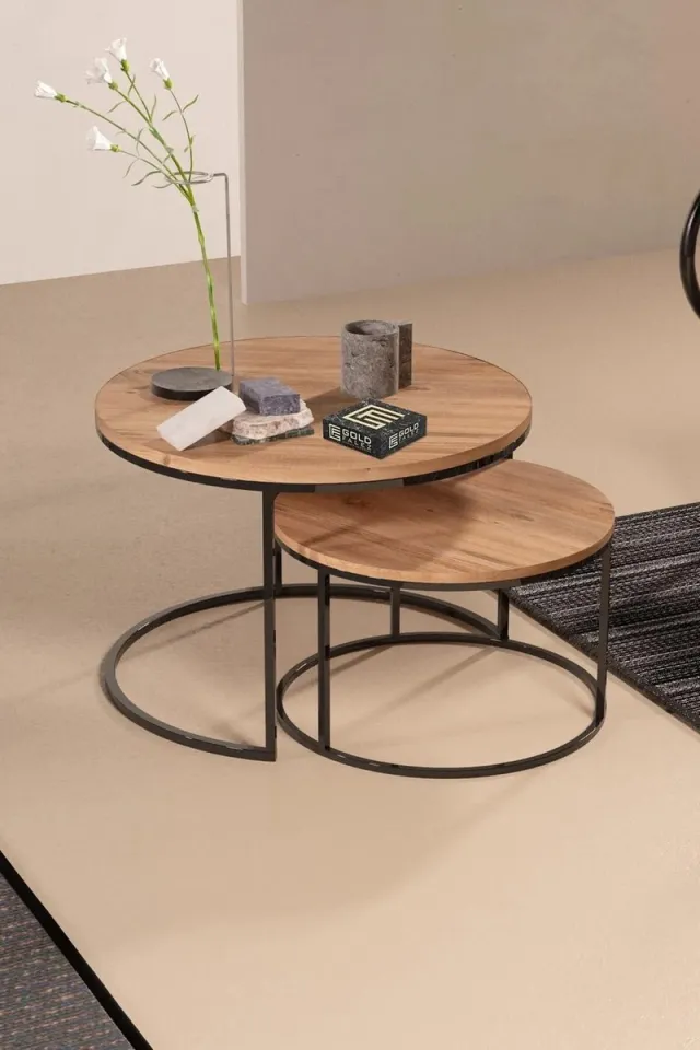 Zeo Wood Salontafels - Salontafel Rond - Salontafel Set van Twee - Salon Tafel Houtkleur - Salontafel Industrieel