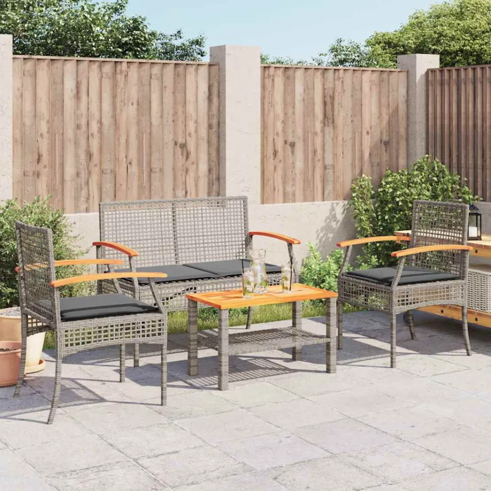 vidaXL 4-delige Loungeset met kussens poly rattan grijs, foto 2