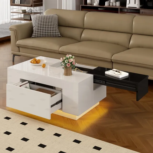 MIVRAY Salontafel - Uitschuifbaar Met Ledverlichting En Lade - Voor Moderne Woonkamer - MDF Zwart Wit - 80x50x35,5 Cm
