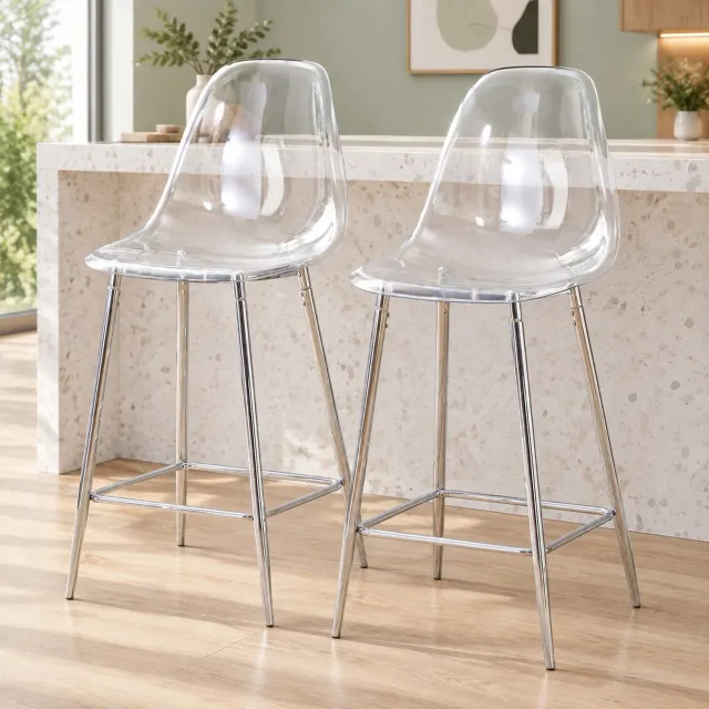 CHICFURN Barkruk - Set van 2 - Transparante zitting - Vierpotig - Zilver