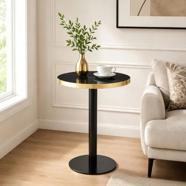 MEUNIQ Ronde bijzettafel Ø 60 cm – marmerlook MDF tafelblad met gouden rand, zwart metalen onderstel en ronde voet, H 73,7 cm voor woonkamer of slaapkamer