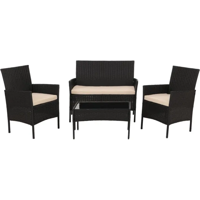 MCW Poly-rattan tuinset MCW-N98, zitgroep loungeset, metaal glas stof/textiel (180g/m²) ~ antraciet, crèmekleurige kussens