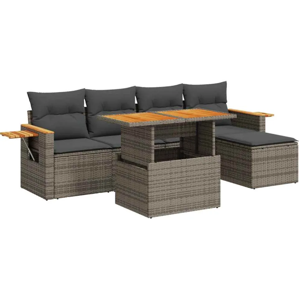vidaXL 6-delige Loungeset met kussens poly rattan acacia grijs, foto 3
