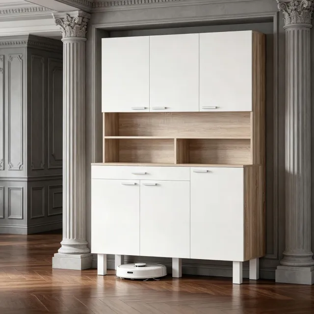 Clruro Keukenkast - 120 × 40 × 175 cm - Hoog Buffet met 6 Deuren en Lade - Wit/Naturel Natuurlijk