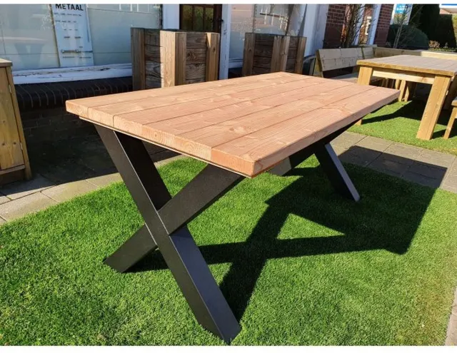 Het Houten Huis Tuintafel met stalen X poot - Douglas hout - volledig gemonteerd - 180x90cm - 44mm dik Naturel