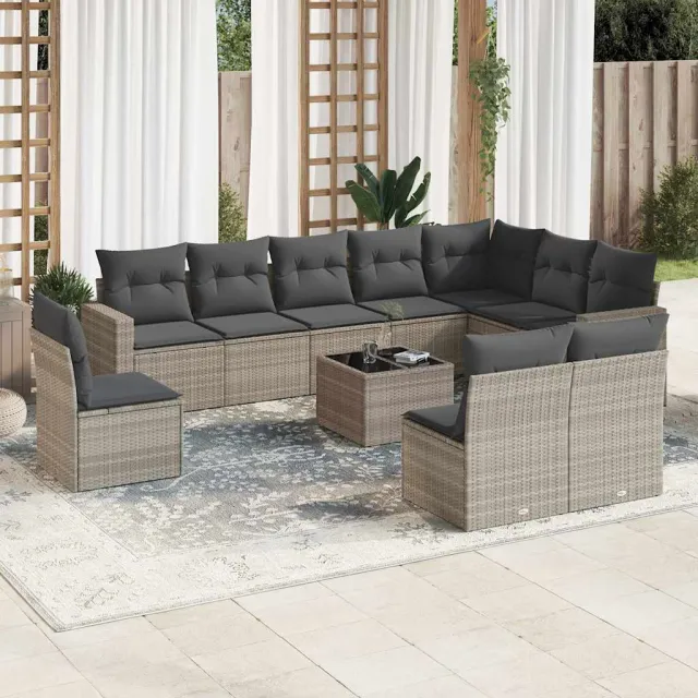 vidaXL 11-delige Loungeset met kussens poly rattan lichtgrijs grijs, foto 2