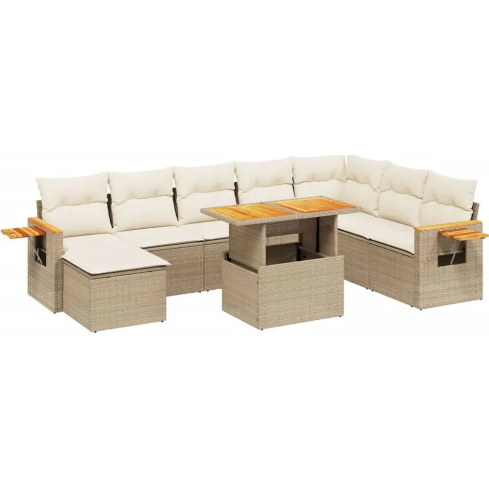 vidaXL 9-delige Loungeset met kussens poly rattan beige, foto 3