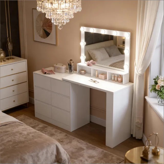 HAUSS SPOLE Kaptafel Met Ladekast - 2 In 1 Met Led Spiegel En 6 Lades - L Vormig Of Recht - Wit - 160x40x134,5 Cm