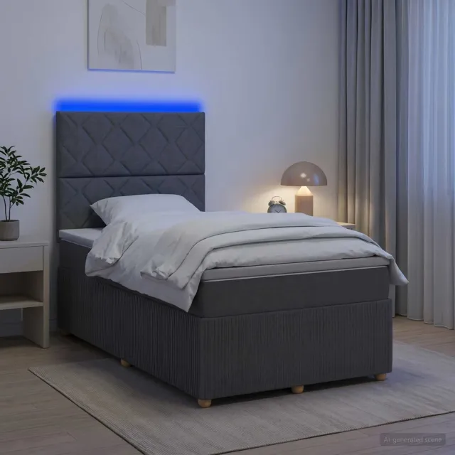 vidaXL LED Boxspring Bed met Matras Donkergrijs 120 x 190 cm Stof
