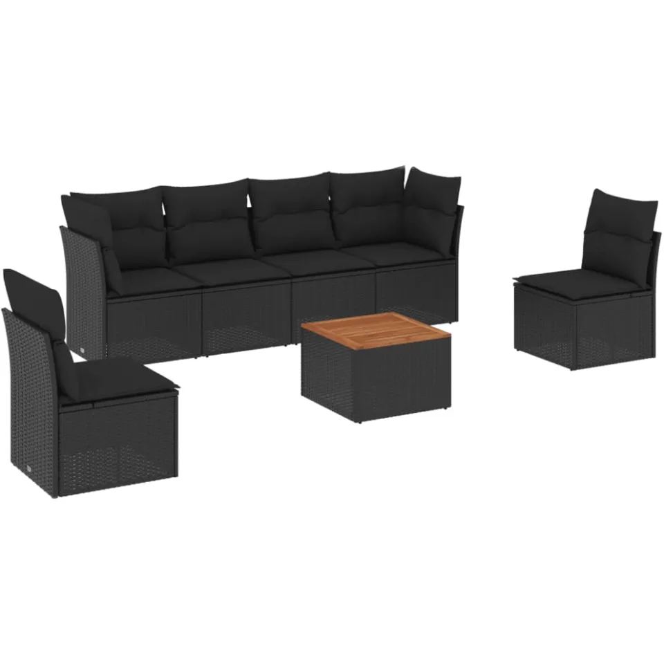 vidaXL 7-delige Loungeset met kussens poly rattan zwart