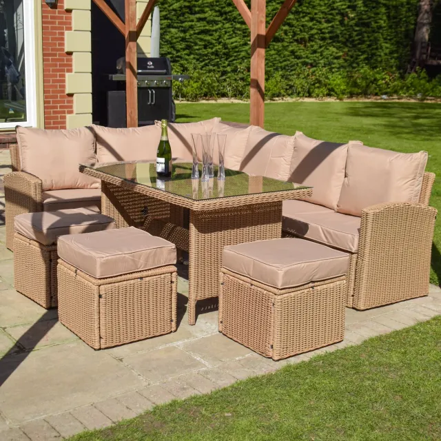 BPS Depot BPS De Perranporth Luxe Rattan Loungeset - Taupe - Inclusief kussens - Tuin Loungeset met tafel - L-vormige bank