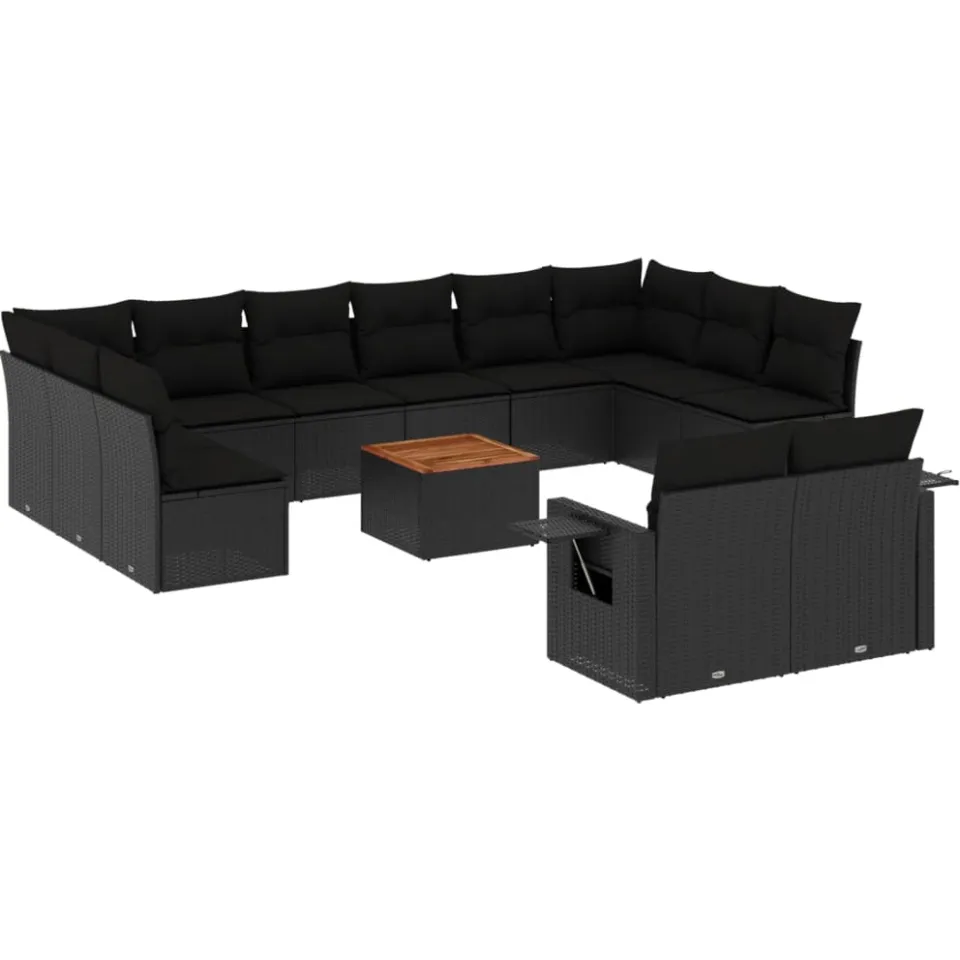 vidaXL 13-delige Loungeset met kussens poly rattan zwart, foto 3