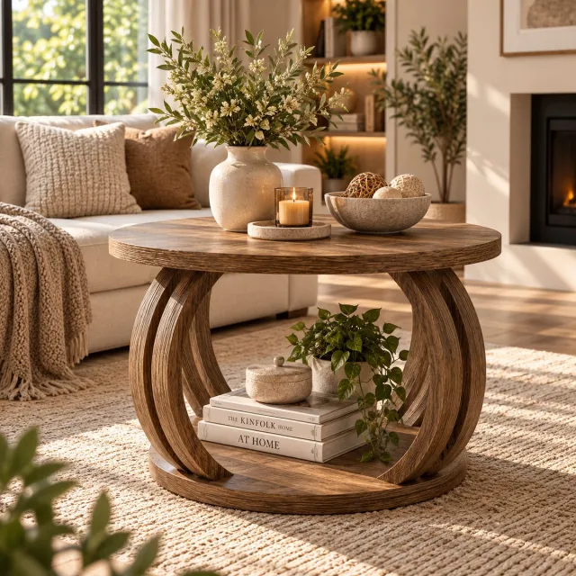 Rojellaa Ronde Salontafel met Onderplateau en Open Vakwerk, Houtlook, Ø 80 cm x H 50 cm Bruin