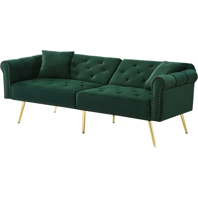 MUVANO 2-Zits Slaapbank - Antiek Groene Fluwelen Bank - Met Verstelbare Rugleuning - Gouden Metalen Poten - 173x75x70 cm - Slaapfunctie - Woonkamer Antiek Groen
