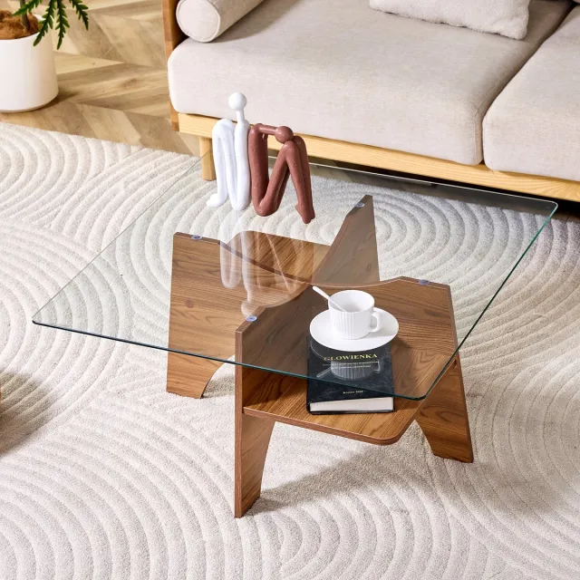 Clruro Bijzettafel - 80x80x40 cm - Vierkant met Veiligheidsglas - Glas/MDF - Walnoot