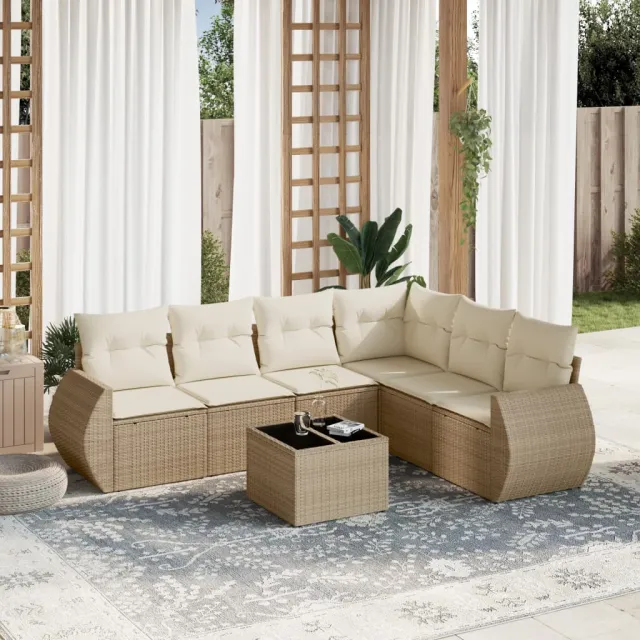 vidaXL 7-delige Loungeset met kussens poly rattan beige, foto 2