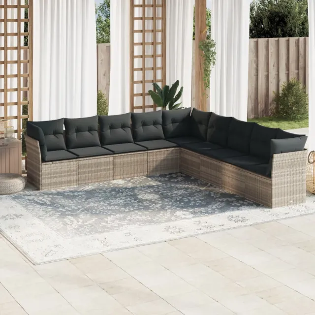 vidaXL 9-delige Loungeset met kussens poly rattan lichtgrijs grijs, foto 2