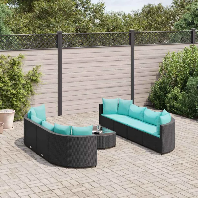 vidaXL 9-delige Loungeset met kussens poly rattan zwart, foto 2