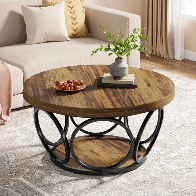 Tribesigns Ronde Salontafel - 80×80×43 CM - Ronde Houten Tafel - Boerderij Grote Ronde Woonkamertafel met 2-Lagen Opbergruimte - Bruine - Voor Woonkamers, Thuiskantoor