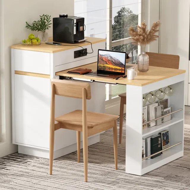 DESMIU Eettafel - Uitschuifbaar Met Opklapbaar Tafelblad En Rollen - Keuken Eetkamer En Open Ruimtes - MDF - Wit - 154x80.5x94 Cm