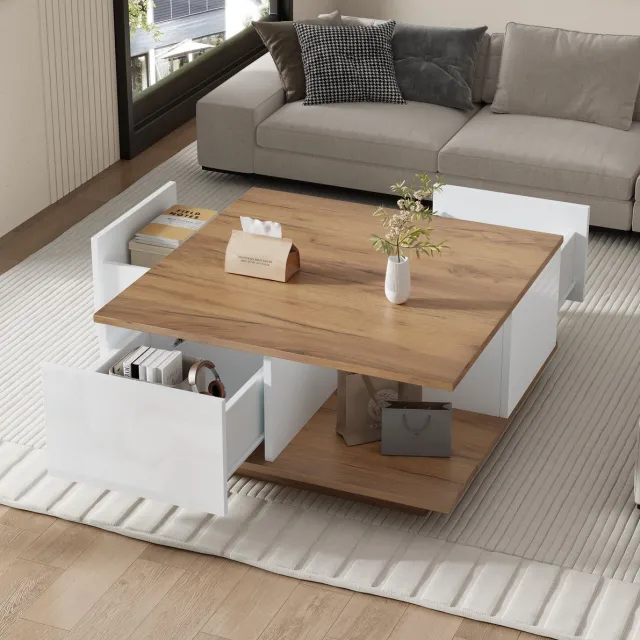 HAUSS SPOLE Salontafel Met 3 Lades En Open Opbergruimte - Vierkant Model Voor Kleine Woonkamer - Hoogglans Wit En Houtkleur - 70x70x31,5 Cm